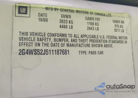 2001 Buick Century Custom z USA, uszkodzony, nr VIN 2G4WS52J511187681